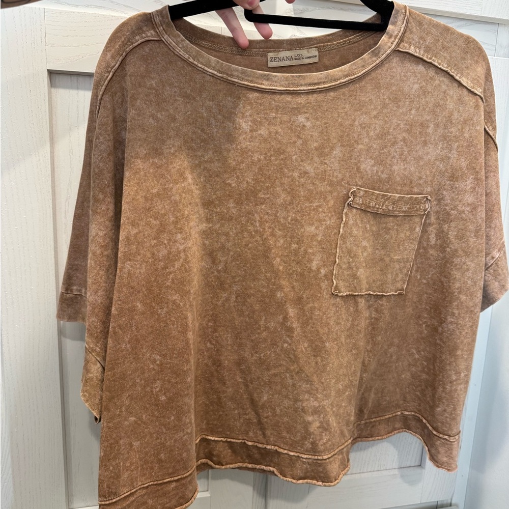 Zenana Mineral Was Tan Short Sleeve Cropped Tee with Pocket
